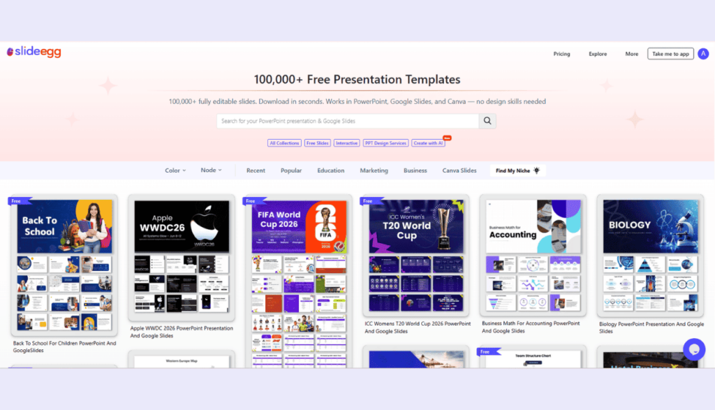 SlideEgg homepage displaying a variety of editable PowerPoint, Google Slides, and Canva templates.