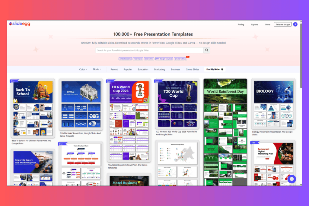 SlideEgg gallery displaying editable templates for education, business, events, maps, and marketing.