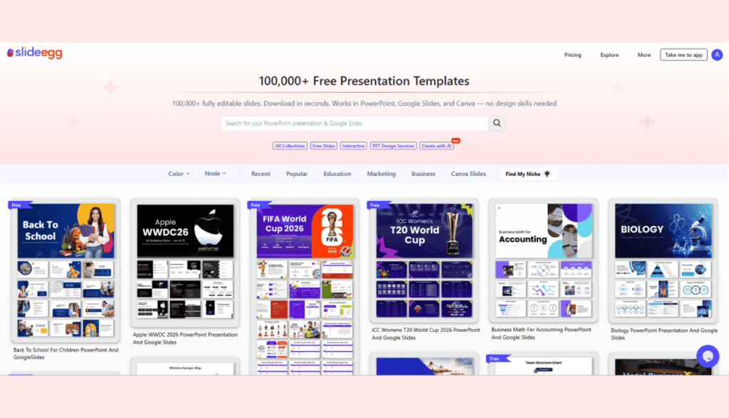 SlideEgg interface with presentation templates, categories, and dashboard.