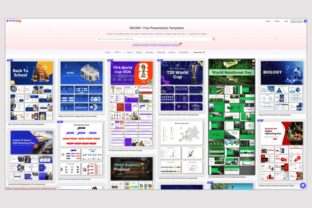 SlideEgg template gallery showing editable presentation designs for business, education, and events.