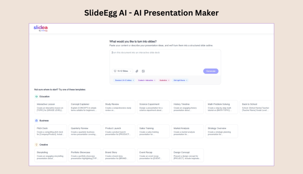 SlideEgg AI homepage showing template-backed AI presentation interface with structured categories and prompts.