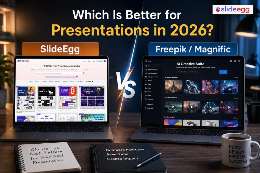Comparison of SlideEgg and Freepik/Magnific interfaces for 2026 presentation creation.