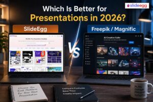 Comparison of SlideEgg and Freepik/Magnific interfaces for 2026 presentation creation.
