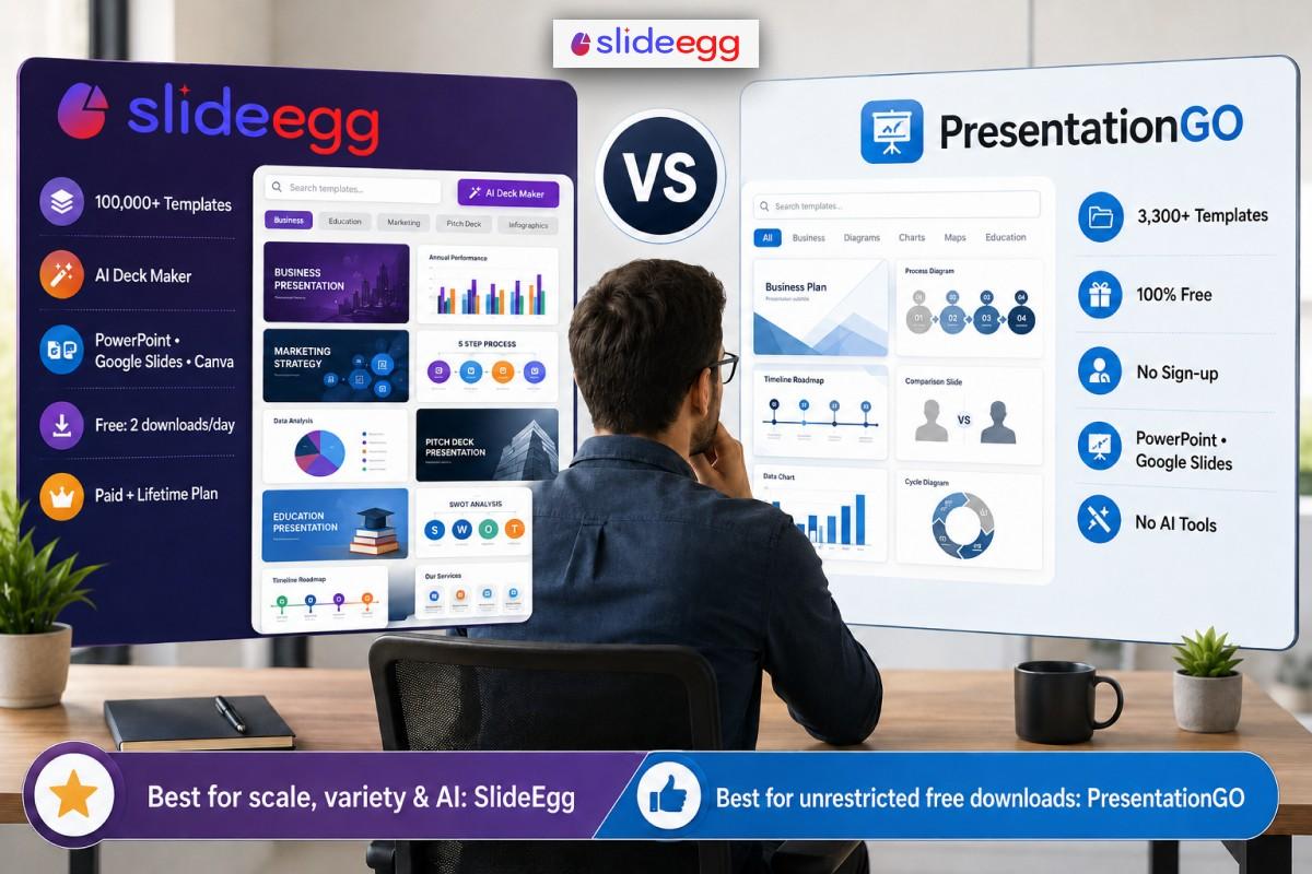 Man comparing SlideEgg and PresentationGO templates on laptops, showing features and downloads.