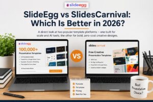 Man comparing SlideEgg and SlidesCarnival templates on laptops with notebook and coffee mug.