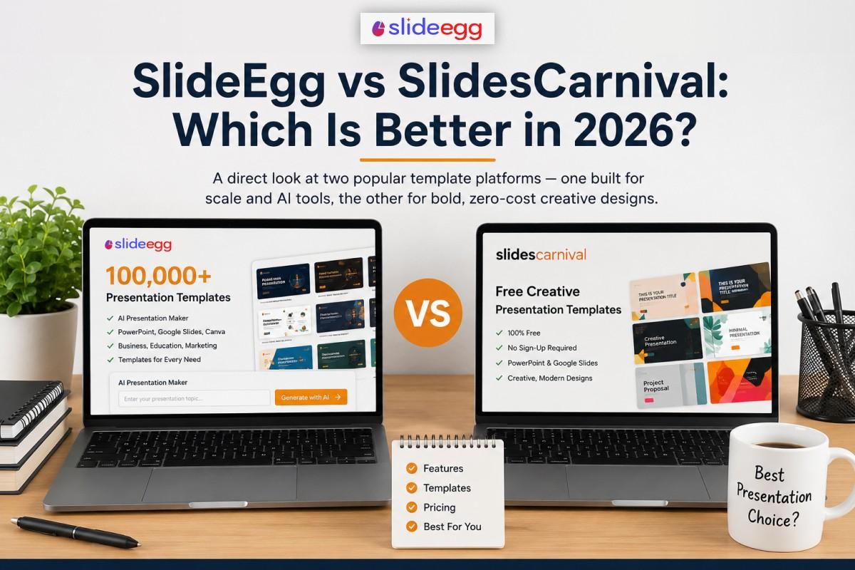 Man comparing SlideEgg and SlidesCarnival templates on laptops with notebook and coffee mug.