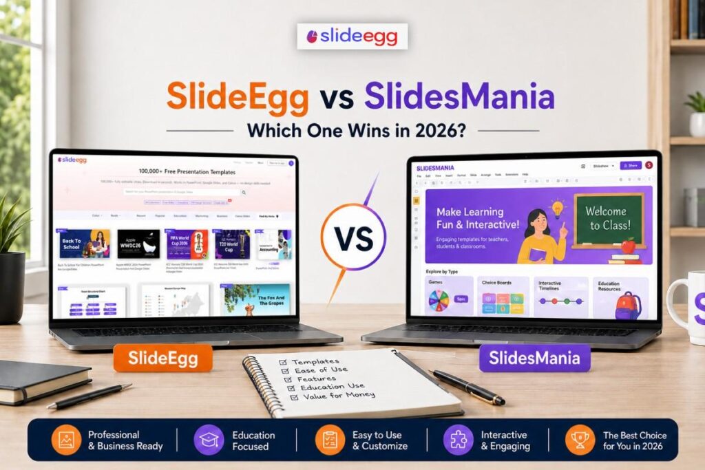 Laptops showing SlideEgg and SlidesMania templates side by side with notebook, pen, and coffee mug