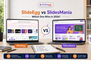 Laptops showing SlideEgg and SlidesMania templates side by side with notebook, pen, and coffee mug