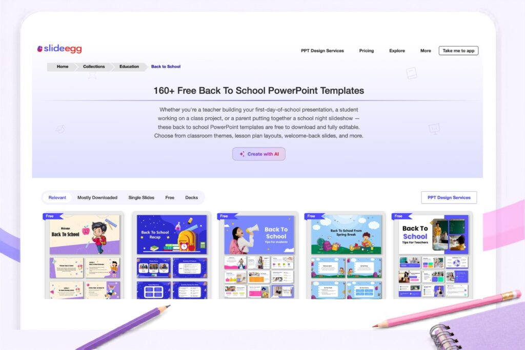 SlideEgg's Back to School PowerPoint templates page featuring 160+ free editable classroom presentation designs
