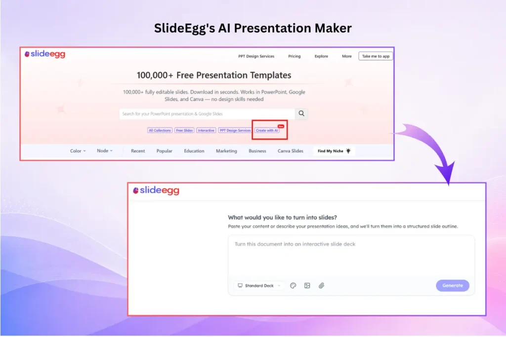 SlideEgg AI Presentation Maker showing text-to-slides generation with editable presentation options