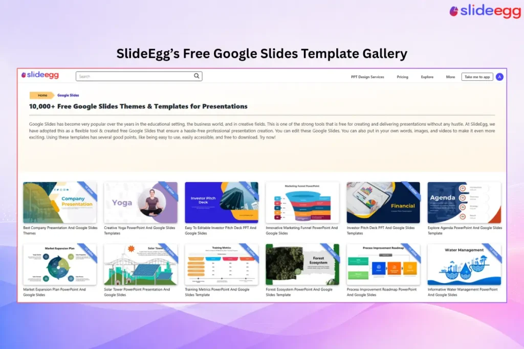 SlideEgg website template gallery displaying multiple free Google Slides templates for various topics.