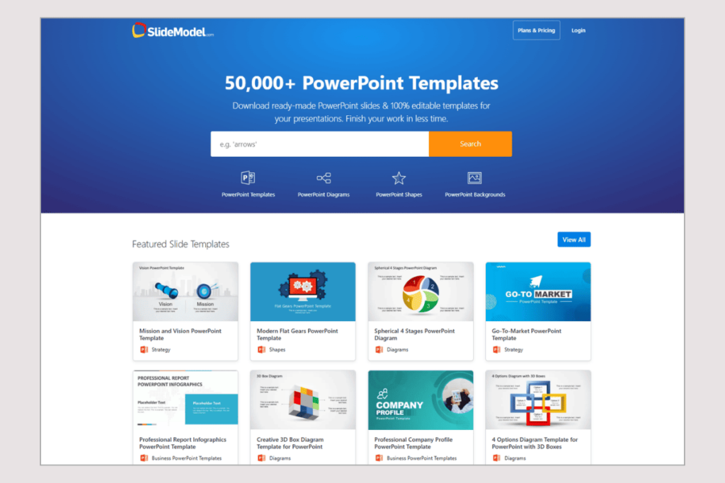 SlideModel homepage featuring editable PowerPoint templates, diagrams, shapes, and backgrounds.