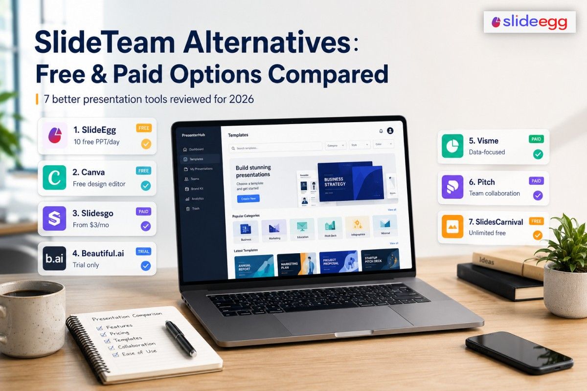 Comparison of SlideEgg, Canva, Slidesgo, Beautiful.ai, Visme, Pitch, and SlidesCarnival tools.