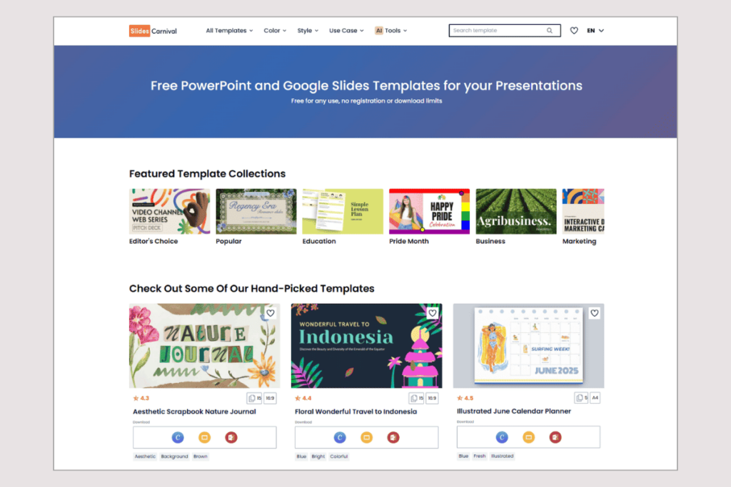 SlidesCarnival homepage displaying free PowerPoint and Google Slides templates by theme and use.