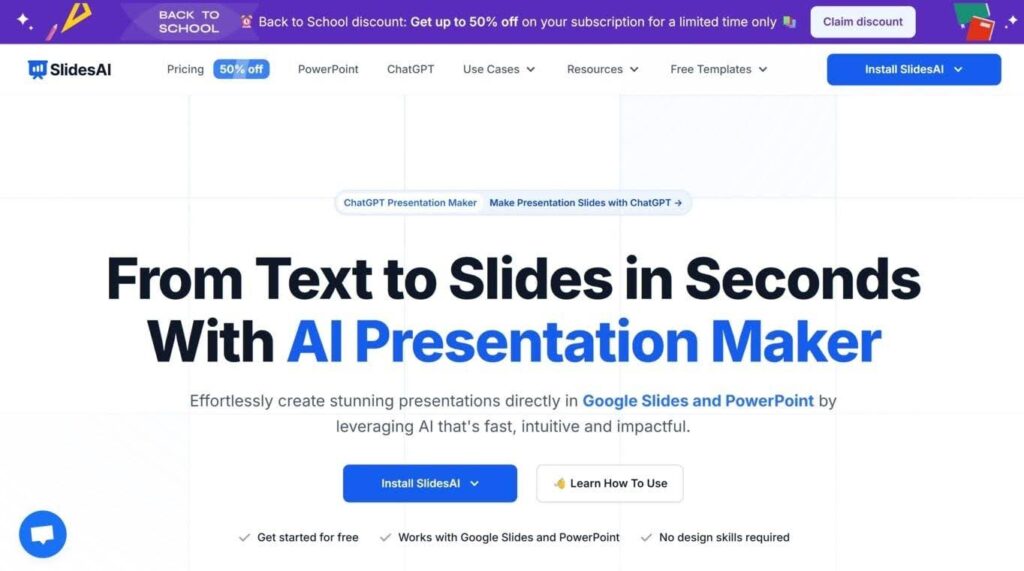 SlidesAI homepage promoting an AI presentation maker for Google Slides and PowerPoint in seconds