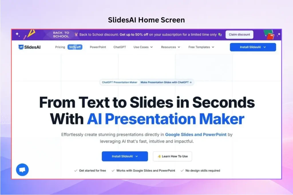 SlidesAI home screen promoting AI presentation creation for Google Slides and PowerPoint from text