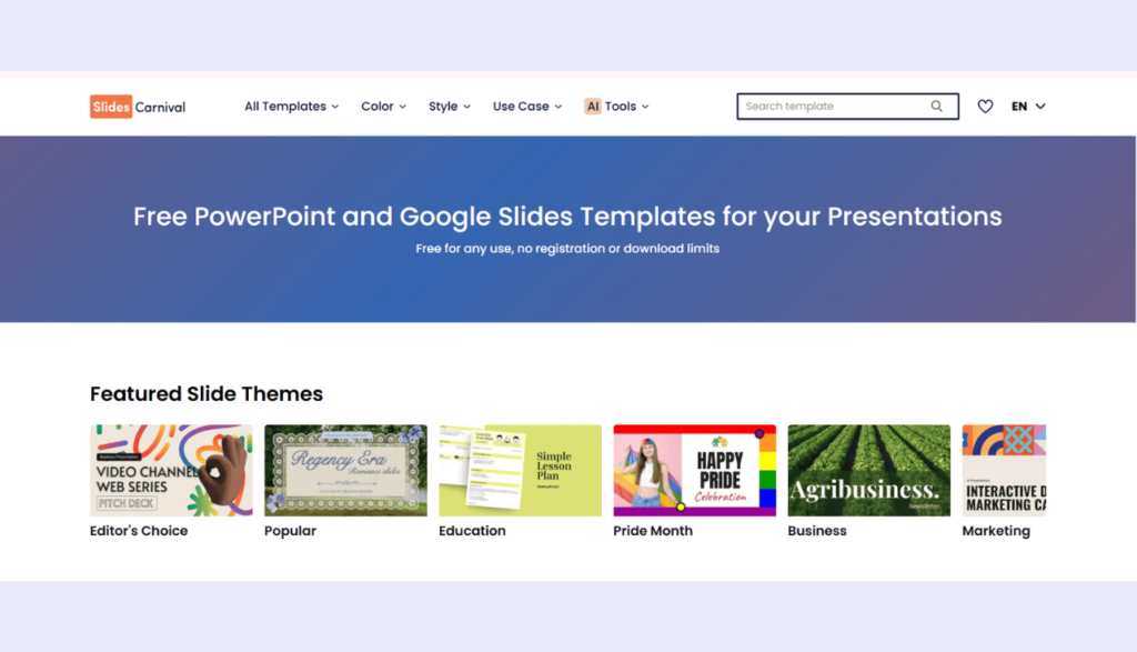 SlidesCarnival homepage showcasing free PowerPoint and Google Slides templates for classroom use.
