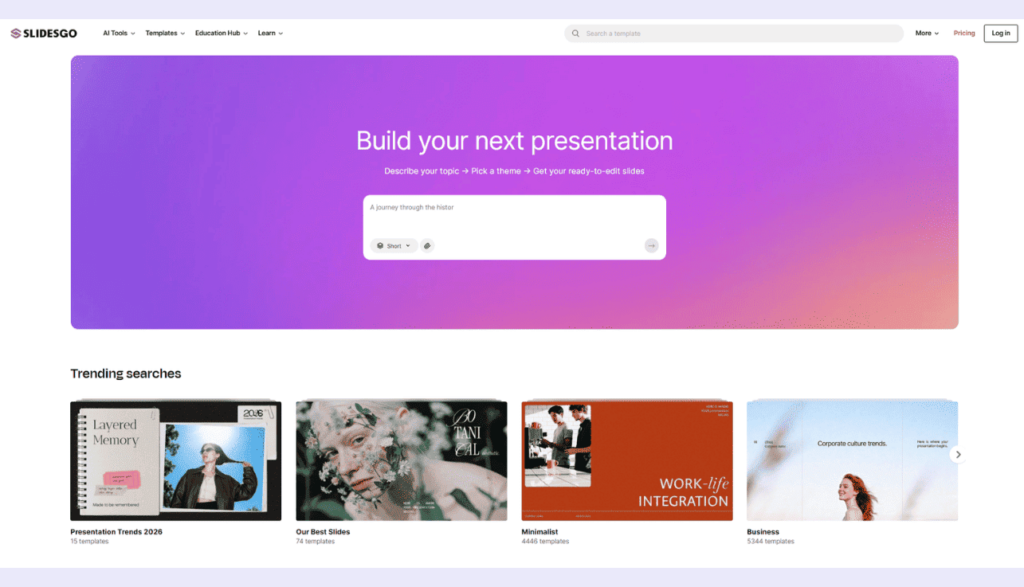 Slidesgo homepage highlighting easy-to-use templates and AI-assisted presentation building features.