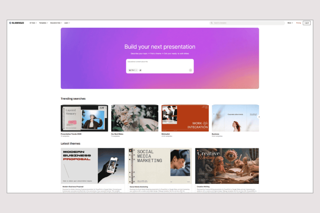 Slidesgo homepage with an AI presentation builder, trending searches, and editable slide themes.