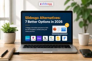 Laptop showing SlideEgg interface comparing Slidesgo alternatives with logos of seven platforms.