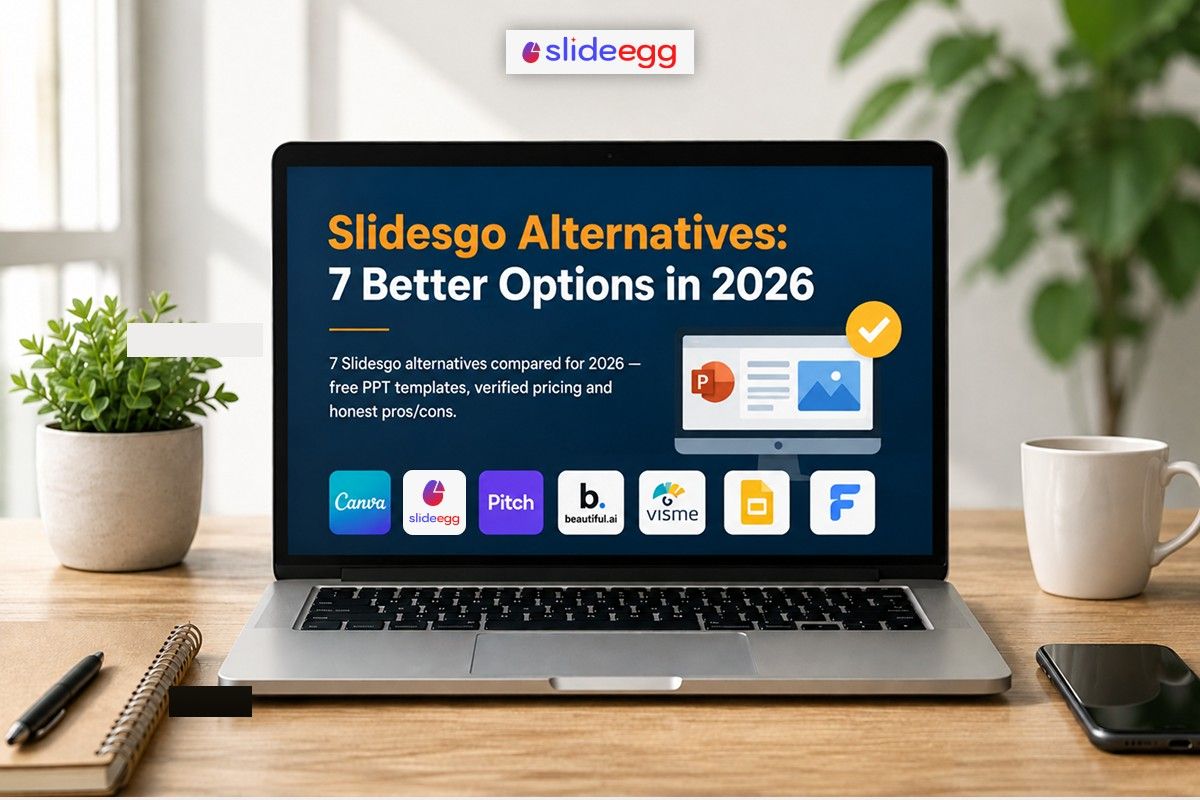 Laptop showing SlideEgg interface comparing Slidesgo alternatives with logos of seven platforms.