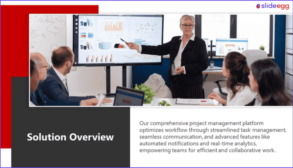 Solution overview presentation template from SlideEgg featuring project management workflow benefits