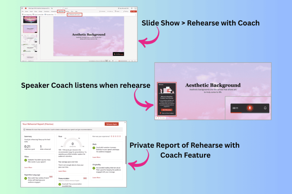 Speaker Coach Feature – PowerPoint Rehearse with Coach interface displaying private feedback report.