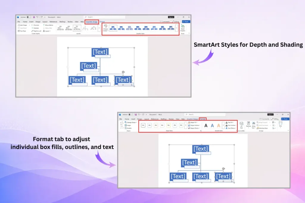 Styling a Word organizational chart with SmartArt effects, fills, outlines, and text