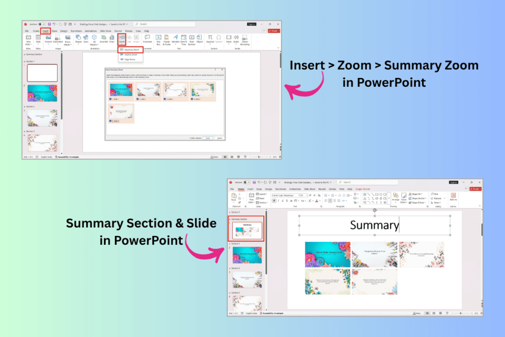 Summary Zoom Feature – PowerPoint Insert > Zoom interface showing non-linear summary slide setup.