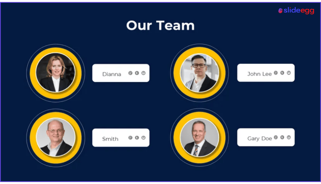 Our team presentation template from SlideEgg with four professional member profiles and names