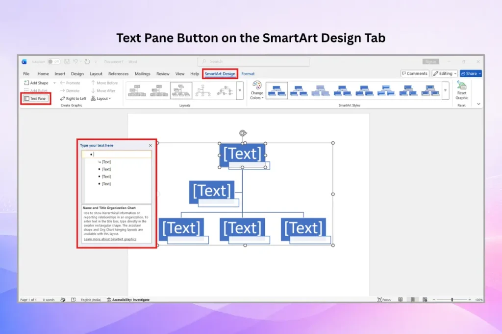 Using the SmartArt Text Pane in Word to enter and organize organizational chart content