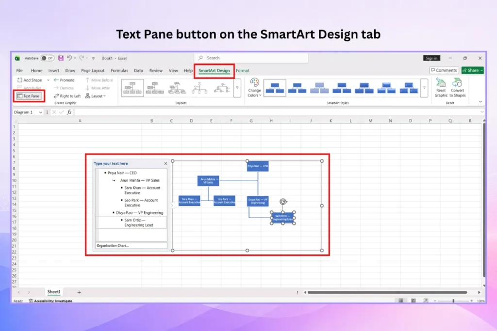 Using the SmartArt Text Pane in Excel to enter and organize employee hierarchy details