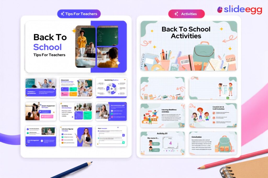 SlideEgg Back to School presentation templates featuring teacher tips and classroom activity slide designs