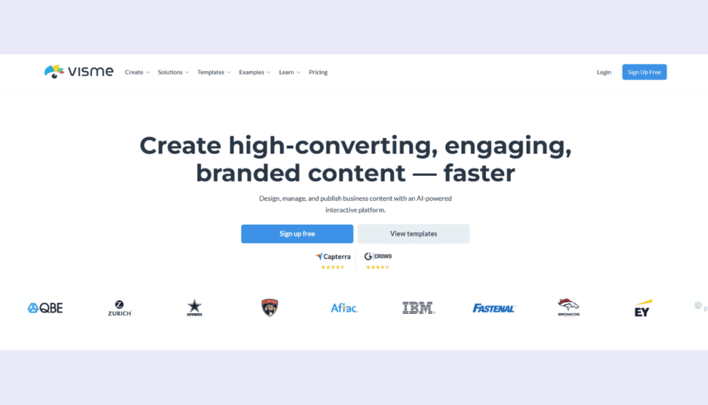 Visme homepage showing AI-powered platform for creating branded and engaging presentations faster.