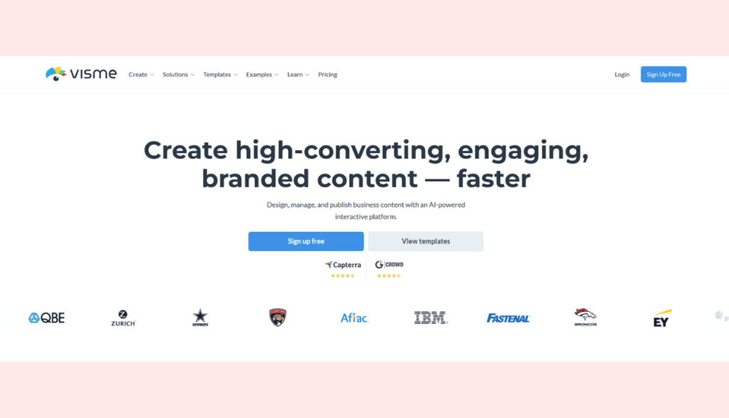 Visme interface with AI content and presentation template dashboard.