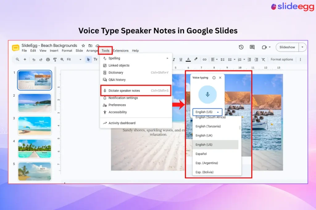 Google Slides Tools menu open, demonstrating dictation of speaker notes using voice typing feature.