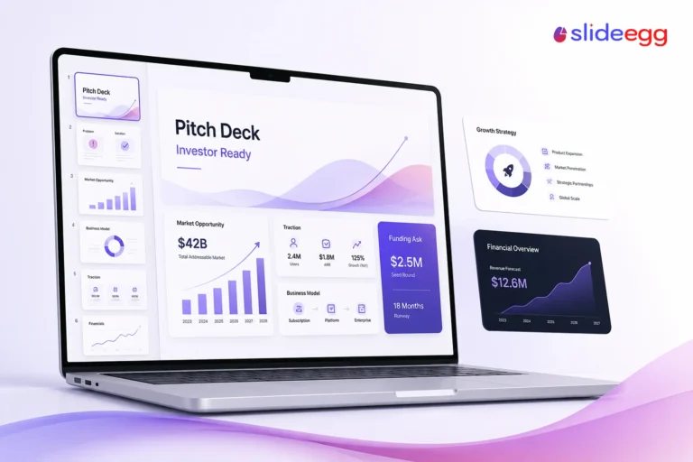 Investor-ready startup pitch deck UI on a laptop with market, traction, financial, growth, and funding slides.