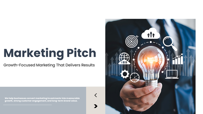 Marketing pitch presentation deck from SlideEgg showing a business leader holding a glowing bulb with growth icons.