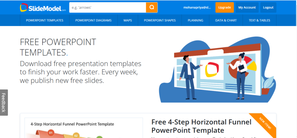 SlideModel free PowerPoint templates page featuring a funnel template and business presentation illustrations.