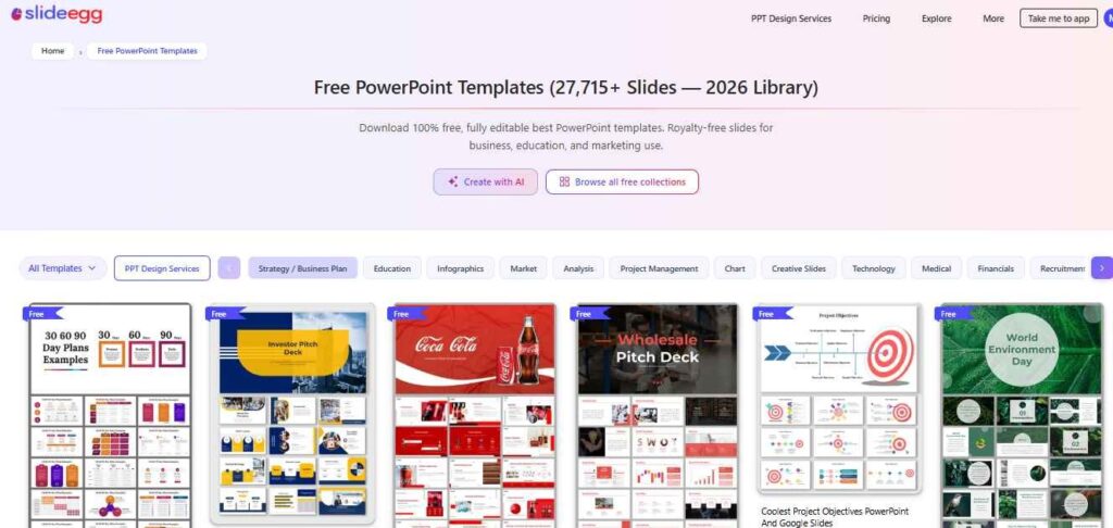 SlideEgg free PowerPoint templates page with editable business, education, marketing, and infographic designs.