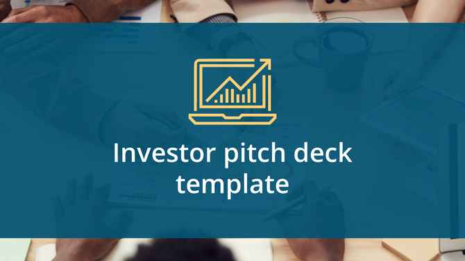Investor pitch deck presentation from SlideEgg with a growth chart icon and a team planning in the background.