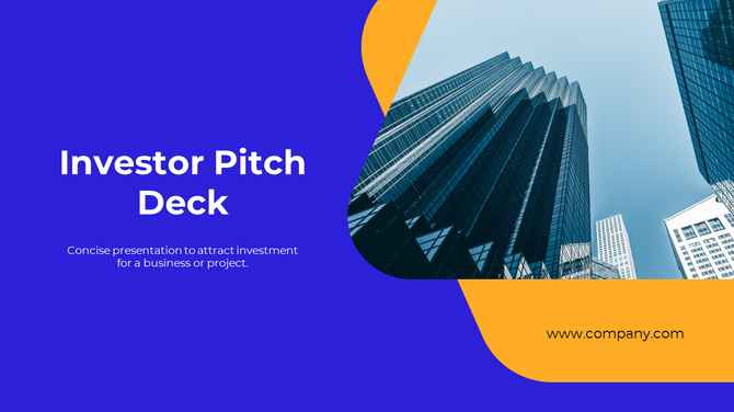 Investor pitch deck presentation from SlideEgg with modern skyscrapers and a bold blue-orange business layout.