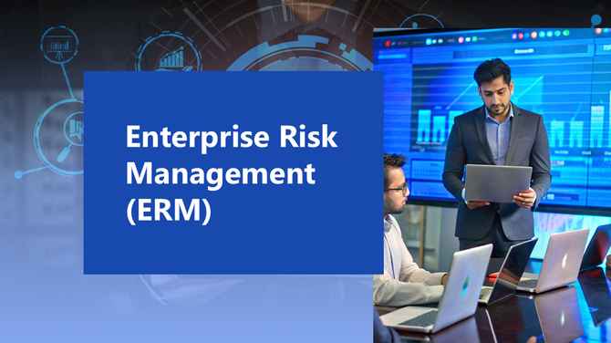 Enterprise risk management presentation from SlideEgg with professionals assessing data on digital dashboards.