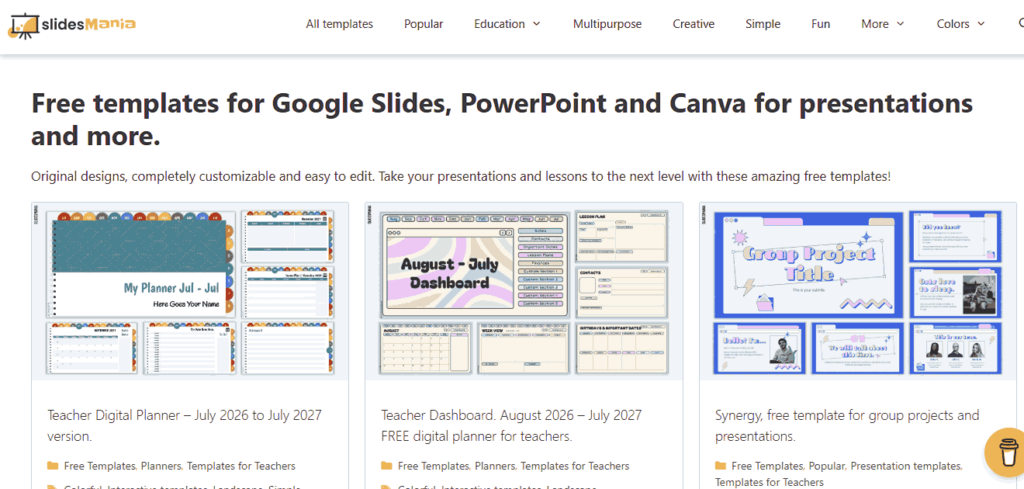 SlidesMania free presentation templates page featuring teacher planners, dashboards, and group project designs