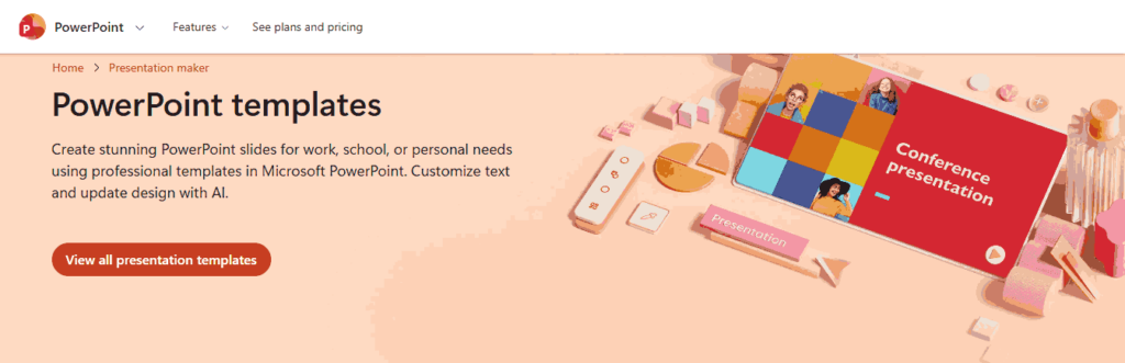 Microsoft PowerPoint templates page with a conference presentation graphic and a button to browse all templates.