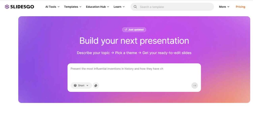 Slidesgo homepage showing AI presentation builder and trending templates for business, education, and designs.
