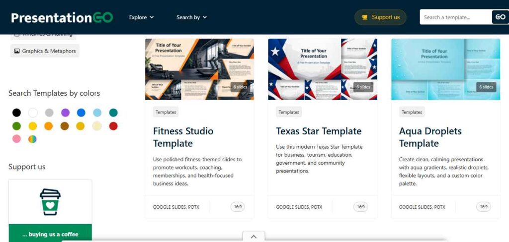 PresentationGO template gallery featuring botanical, organic, and Memphis quote frame designs for slide decks.