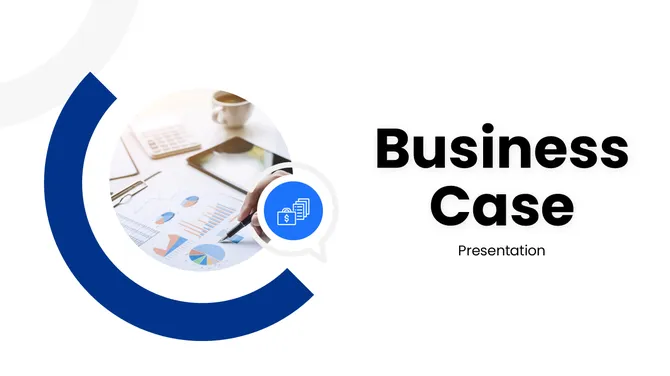 SlideEgg business case presentation template featuring financial charts and a clean blue circular design