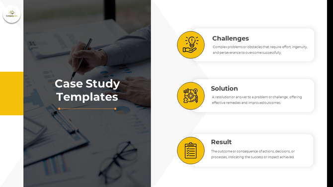 Case study presentation template by SlideEgg with challenge, solution, and result slide layout