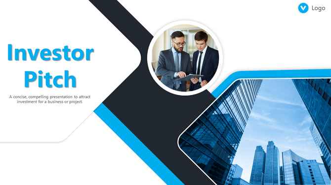 Investor pitch presentation deck from SlideEgg featuring business professionals and a modern blue cityscape design.